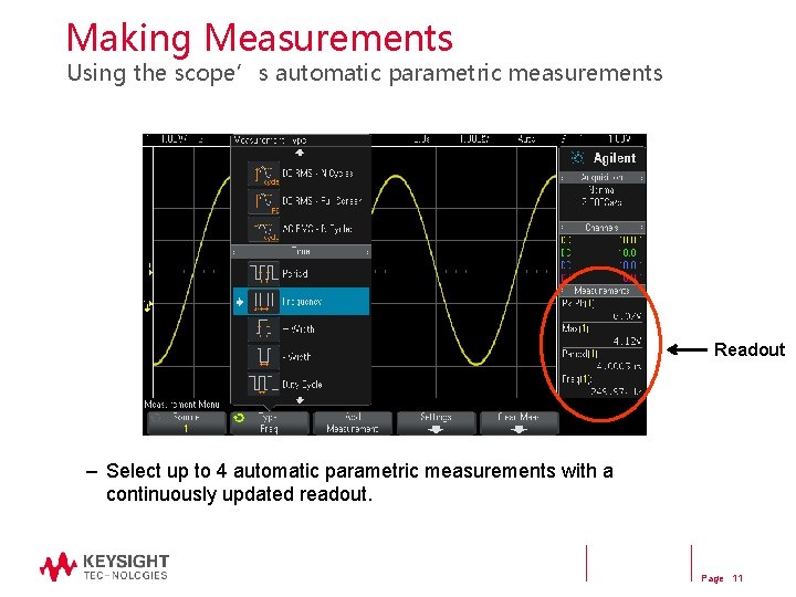 Making Measurements Using the scope’s automatic parametric measurements Readout – Select up to 4