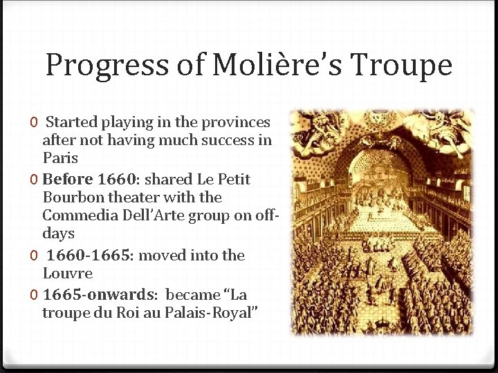 Progress of Molière’s Troupe 0 Started playing in the provinces after not having much