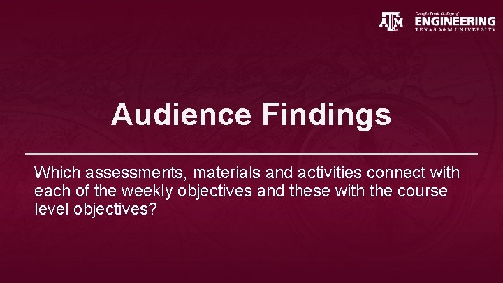 Audience Findings Which assessments, materials and activities connect with each of the weekly objectives
