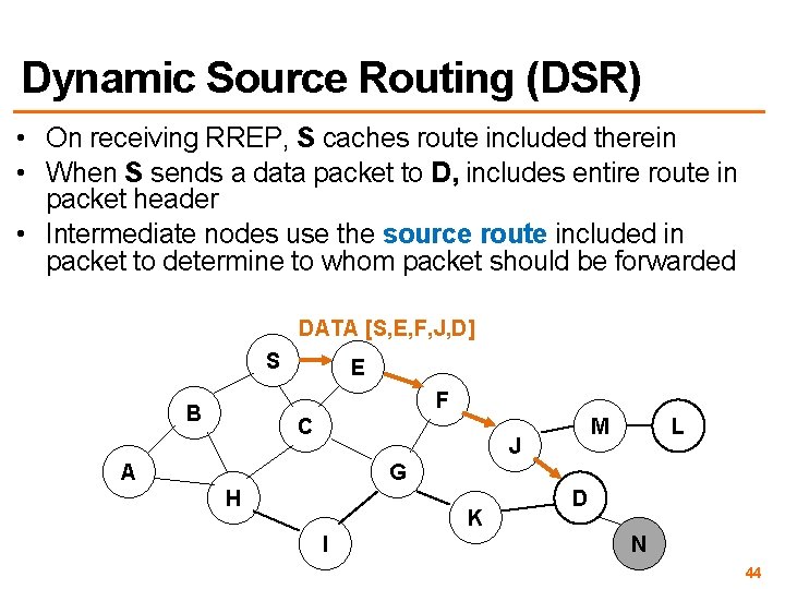 Dynamic Source Routing (DSR) • On receiving RREP, S caches route included therein •