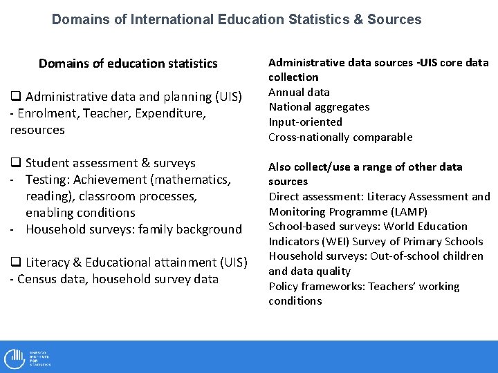 Domains of International Education Statistics & Sources Domains of education statistics q Administrative data