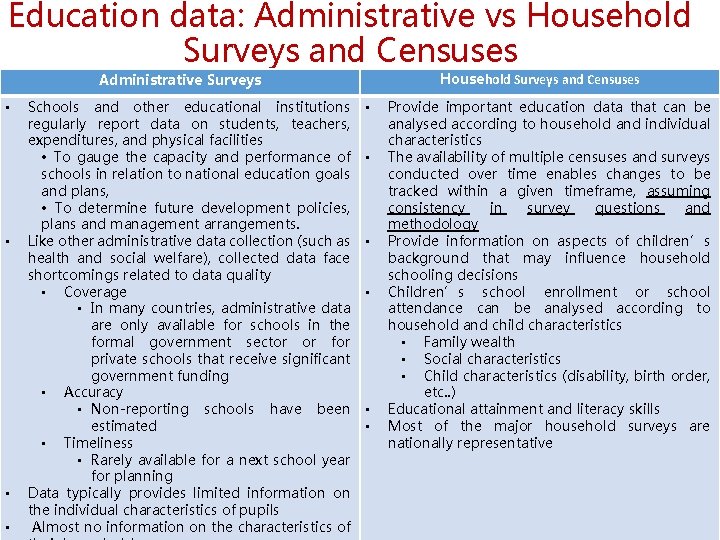 Education data: Administrative vs Household Surveys and Censuses Administrative Surveys • • Schools and