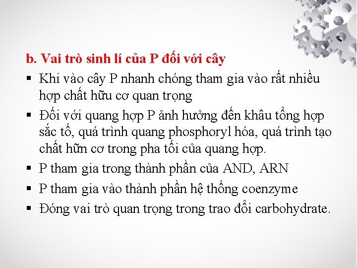 b. Vai trò sinh lí của P đối với cây § Khi vào cây