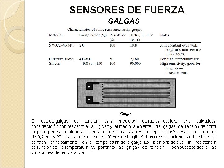 SENSORES DE FUERZA GALGAS Galga El uso de galgas de tensión para medición de