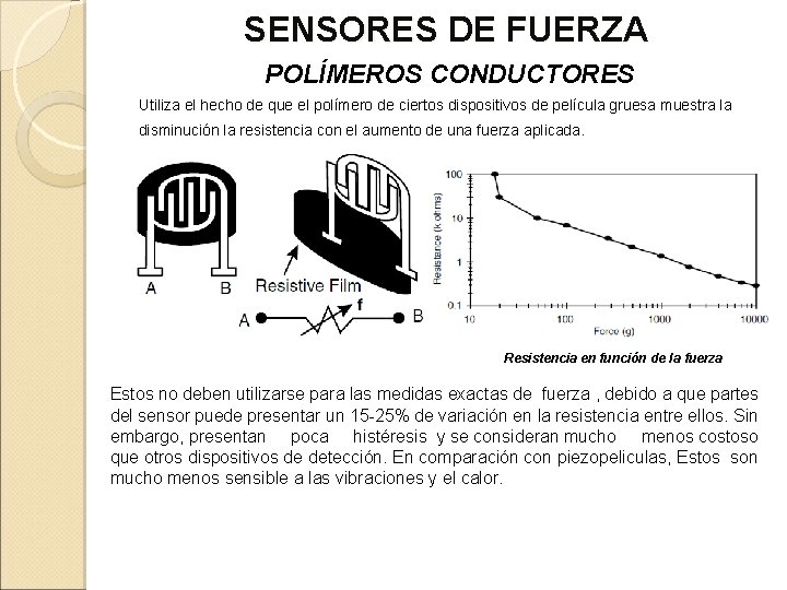 SENSORES DE FUERZA POLÍMEROS CONDUCTORES Utiliza el hecho de que el polímero de ciertos