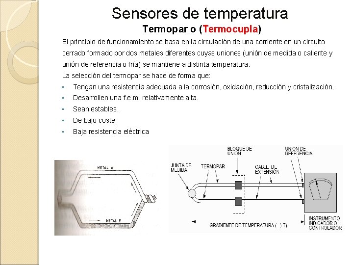 Sensores de temperatura Termopar o (Termocupla) El principio de funcionamiento se basa en la