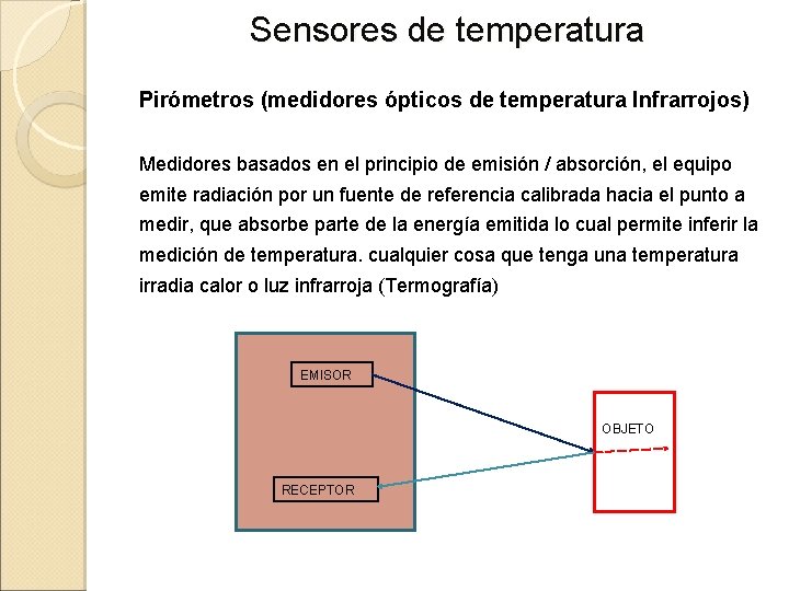 Sensores de temperatura Pirómetros (medidores ópticos de temperatura Infrarrojos) Medidores basados en el principio