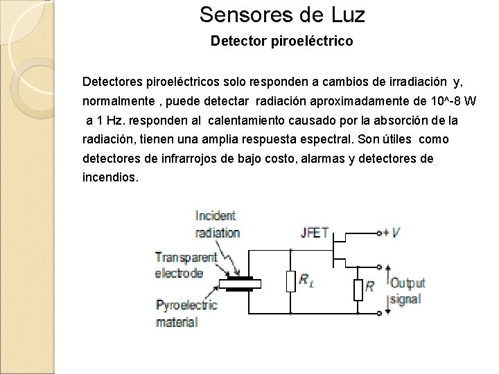 Sensores de Luz Detector piroeléctrico Detectores piroeléctricos solo responden a cambios de irradiación y,
