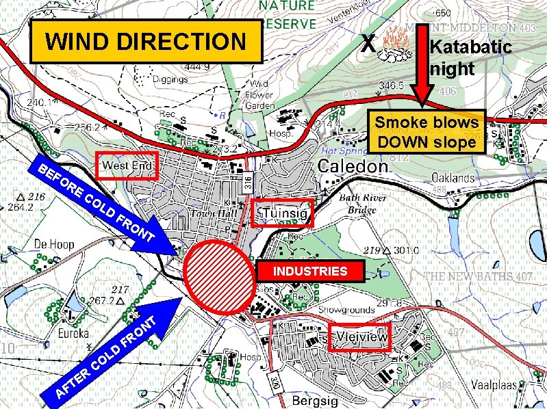 WIND DIRECTION X Katabatic night Smoke blows DOWN slope BE FO R E CO WIND DIRECTION X Katabatic night Smoke blows DOWN slope BE FO R E CO