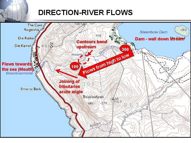 DIRECTION-RIVER FLOWS Dam - wall down stream Contours bend upstream Flows towards the sea DIRECTION-RIVER FLOWS Dam - wall down stream Contours bend upstream Flows towards the sea