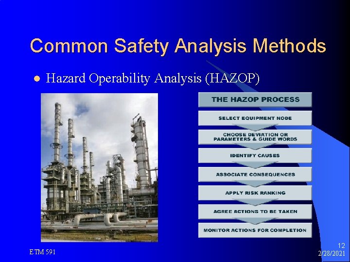 Common Safety Analysis Methods l Hazard Operability Analysis (HAZOP) ETM 591 12 2/28/2021 