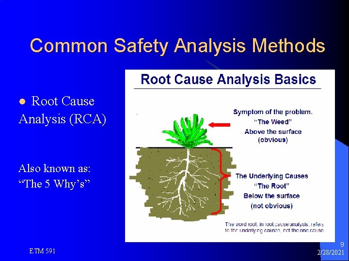 Common Safety Analysis Methods Root Cause Analysis (RCA) l Also known as: “The 5