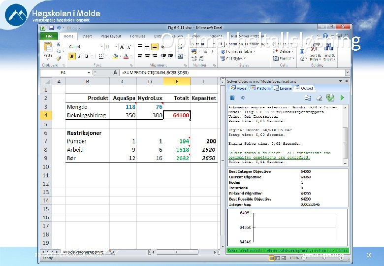 Optimal heltallsløsning BØK 350 OPERASJONSANALYSE Rasmussen 16 Optimal heltallsløsning BØK 350 OPERASJONSANALYSE Rasmussen 16
