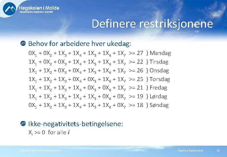 Definere restriksjonene Behov for arbeidere hver ukedag: 0 X 1 + 0 X 2 Definere restriksjonene Behov for arbeidere hver ukedag: 0 X 1 + 0 X 2