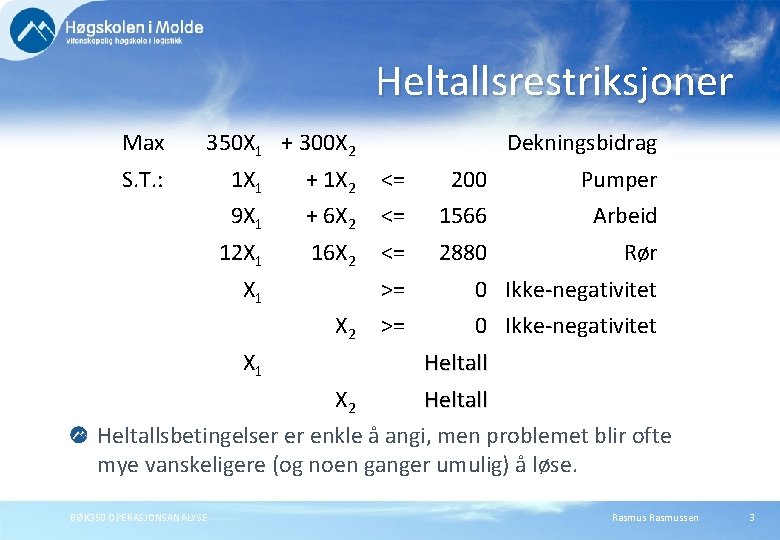 Heltallsrestriksjoner Max 350 X 1 + 300 X 2 S. T. : Dekningsbidrag 1 Heltallsrestriksjoner Max 350 X 1 + 300 X 2 S. T. : Dekningsbidrag 1
