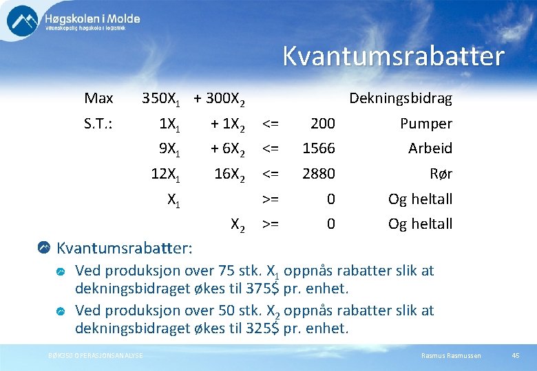 Kvantumsrabatter Max 350 X 1 + 300 X 2 S. T. : Dekningsbidrag 1 Kvantumsrabatter Max 350 X 1 + 300 X 2 S. T. : Dekningsbidrag 1