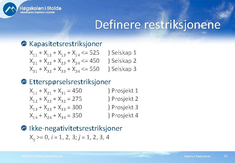 Definere restriksjonene Kapasitetsrestriksjoner X 11 + X 12 + X 13 + X 14 Definere restriksjonene Kapasitetsrestriksjoner X 11 + X 12 + X 13 + X 14