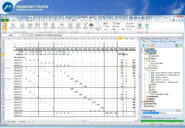 Regneark med standard LP lay-out BØK 350 OPERASJONSANALYSE Rasmussen 58 Regneark med standard LP lay-out BØK 350 OPERASJONSANALYSE Rasmussen 58