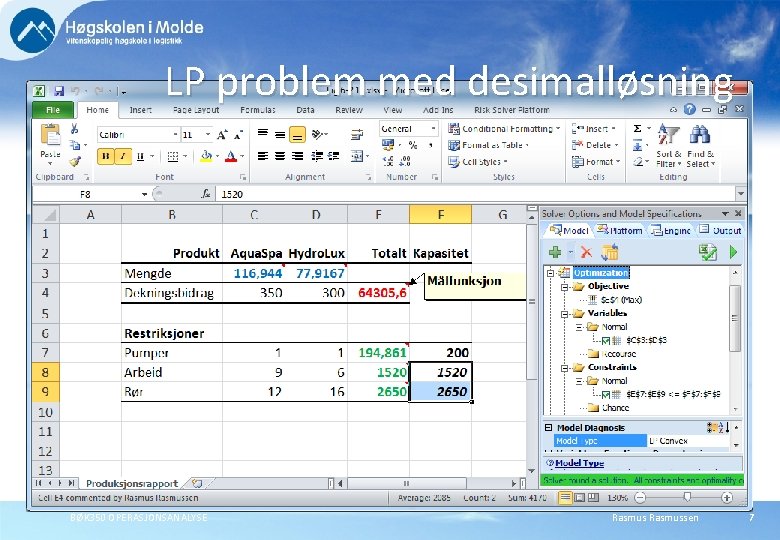 LP problem med desimalløsning BØK 350 OPERASJONSANALYSE Rasmussen 7 LP problem med desimalløsning BØK 350 OPERASJONSANALYSE Rasmussen 7