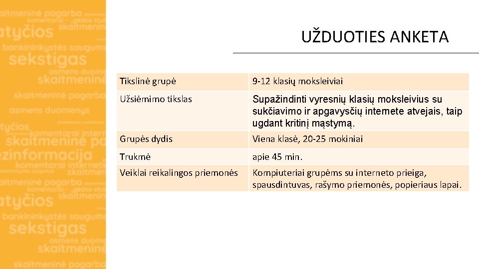 UŽDUOTIES ANKETA Tikslinė grupė 9 -12 klasių moksleiviai Užsiėmimo tikslas Supažindinti vyresnių klasių moksleivius