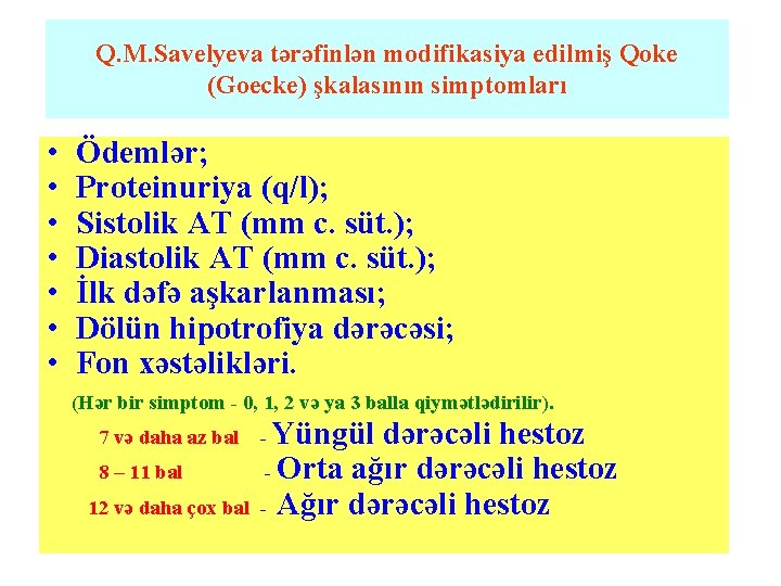 Q. M. Savelyeva tərəfinlən modifikasiya edilmiş Qoke (Goecke) şkalasının simptomları • • Ödemlər; Proteinuriya