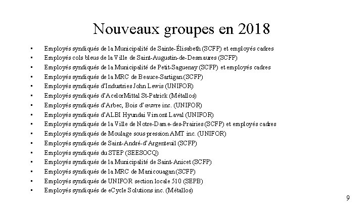 Nouveaux groupes en 2018 • • • • Employés syndiqués de la Municipalité de