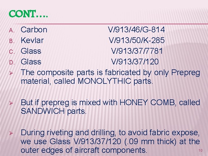CONT…. A. B. C. D. Ø Carbon V/913/46/G-814 Kevlar V/913/50/K-285 Glass V/913/37/7781 Glass V/913/37/120
