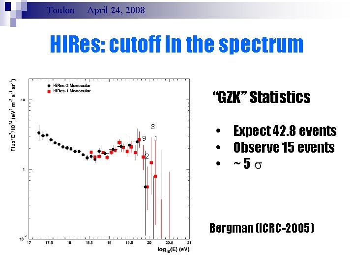 Toulon April 24, 2008 Hi. Res: cutoff in the spectrum “GZK” Statistics 3 9