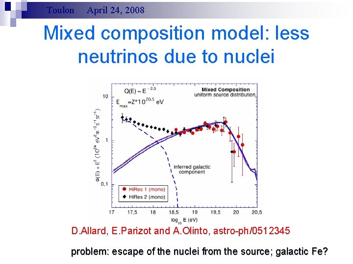 Toulon April 24, 2008 Mixed composition model: less neutrinos due to nuclei D. Allard,