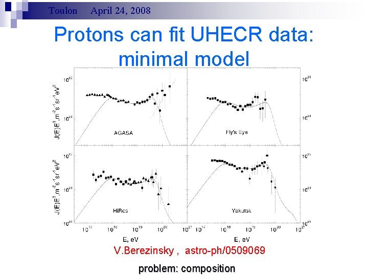 Toulon April 24, 2008 Protons can fit UHECR data: minimal model V. Berezinsky ,