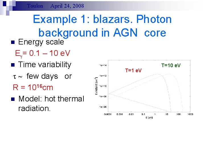 Toulon April 24, 2008 Example 1: blazars. Photon background in AGN core Energy scale