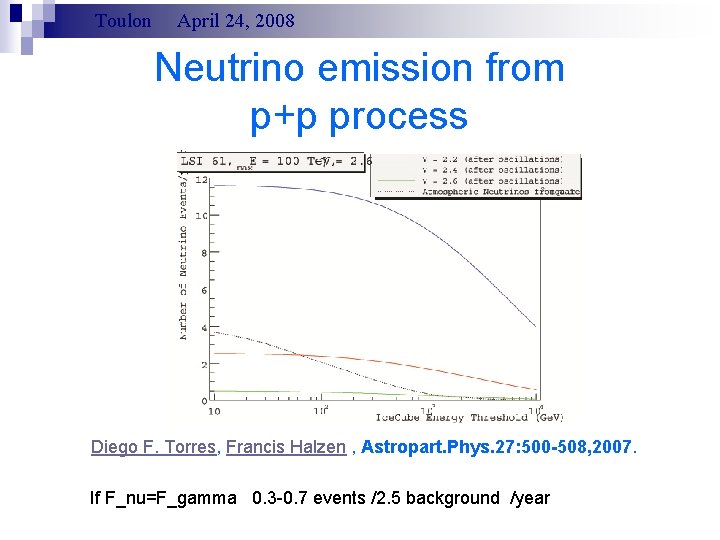 Toulon April 24, 2008 Neutrino emission from p+p process Diego F. Torres, Francis Halzen