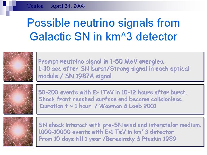 Toulon April 24, 2008 Possible neutrino signals from Galactic SN in km^3 detector Prompt