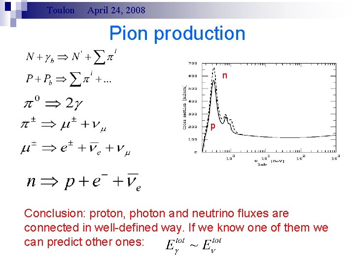 Toulon April 24, 2008 Pion production n p Conclusion: proton, photon and neutrino fluxes