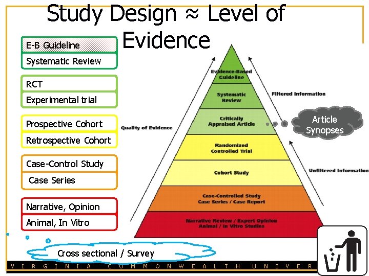 Study Design ≈ Level of Evidence E-B Guideline or Systematic Review RCT Experiment, maybe