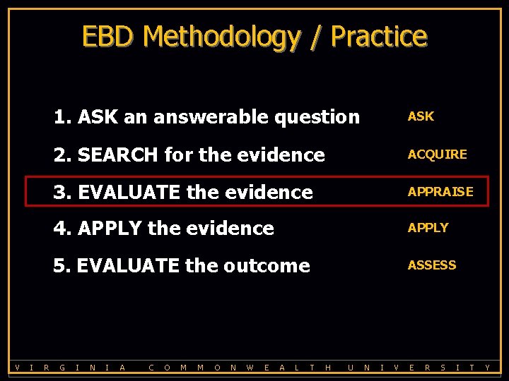 EBD Methodology / Practice 1. ASK an answerable question ASK 2. SEARCH for the