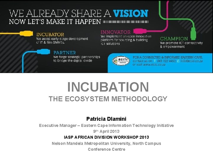 INCUBATION THE ECOSYSTEM METHODOLOGY Patricia Dlamini Executive Manager – Eastern Cape Information Technology Initiative