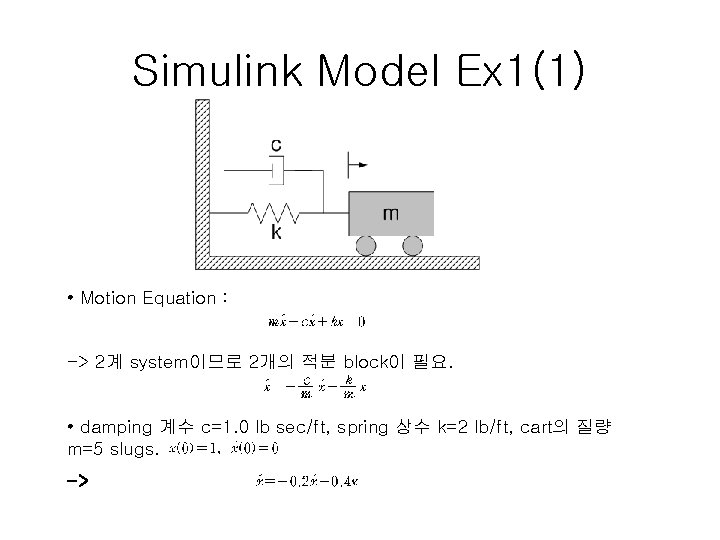 Simulink Model Ex 1(1) • Motion Equation : -> 2계 system이므로 2개의 적분 block이