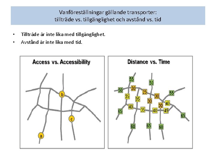 Vanföreställningar gällande transporter: tillträde vs. tillgänglighet och avstånd vs. tid • • Tillträde är