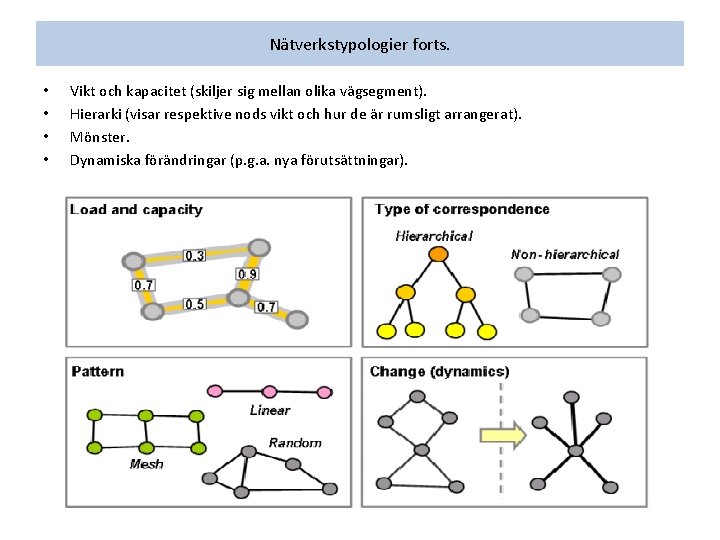 Nätverkstypologier forts. • • Vikt och kapacitet (skiljer sig mellan olika vägsegment). Hierarki (visar