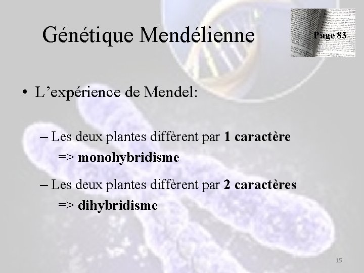 Génétique Mendélienne Page 83 • L’expérience de Mendel: – Les deux plantes diffèrent par Génétique Mendélienne Page 83 • L’expérience de Mendel: – Les deux plantes diffèrent par