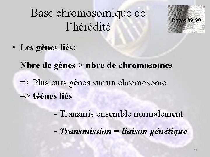 Base chromosomique de l’hérédité Pages 89 -90 • Les gènes liés: Nbre de gènes Base chromosomique de l’hérédité Pages 89 -90 • Les gènes liés: Nbre de gènes