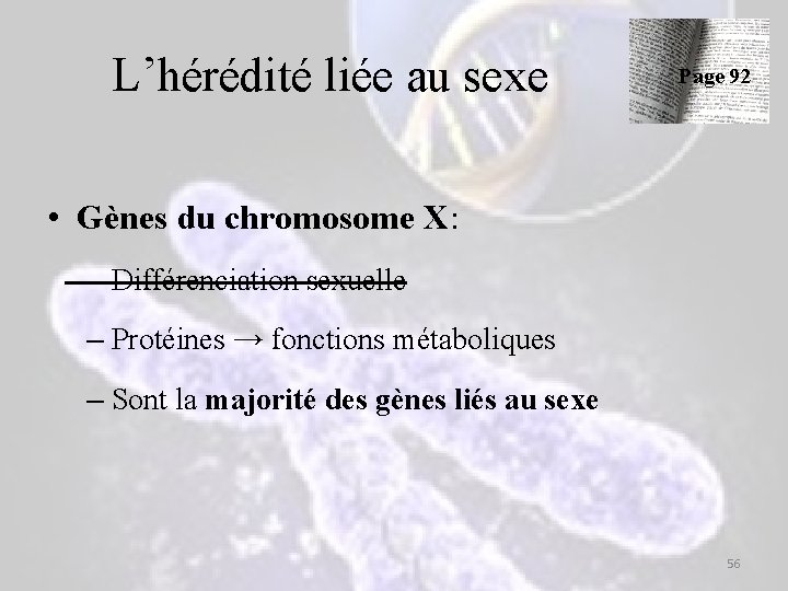 L’hérédité liée au sexe Page 92 • Gènes du chromosome X: – Différenciation sexuelle L’hérédité liée au sexe Page 92 • Gènes du chromosome X: – Différenciation sexuelle