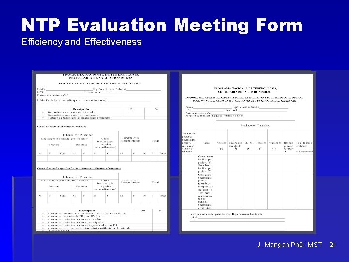 NTP Evaluation Meeting Form Efficiency and Effectiveness J. Mangan Ph. D, MST 21 