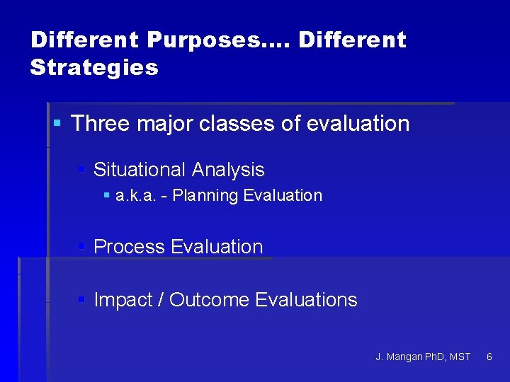 Different Purposes…. Different Strategies § Three major classes of evaluation § Situational Analysis §