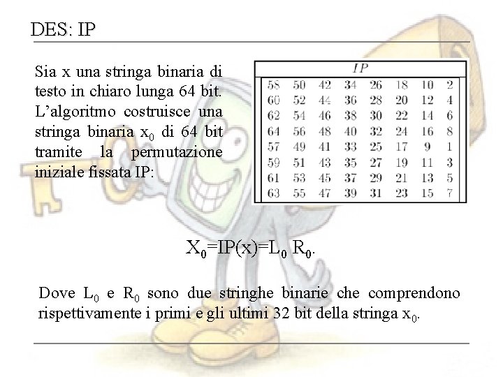 DES: IP Sia x una stringa binaria di testo in chiaro lunga 64 bit.