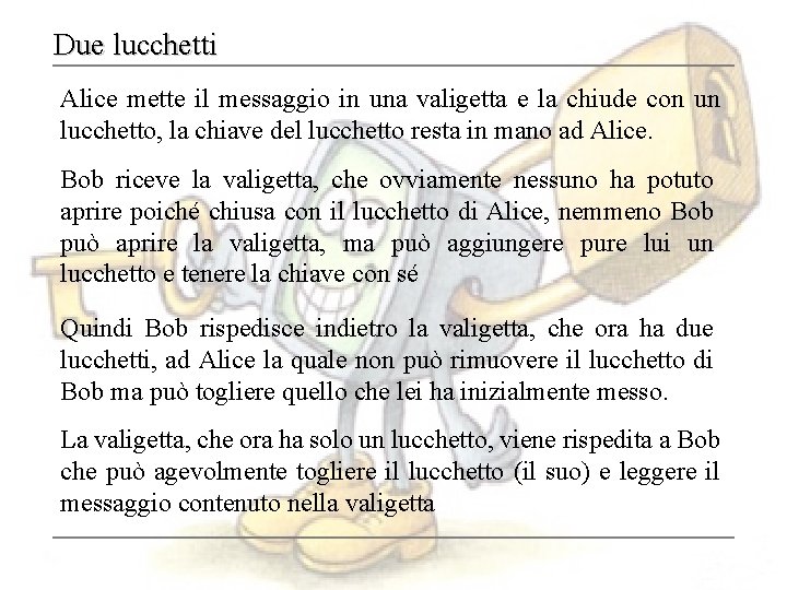 Due lucchetti Alice mette il messaggio in una valigetta e la chiude con un