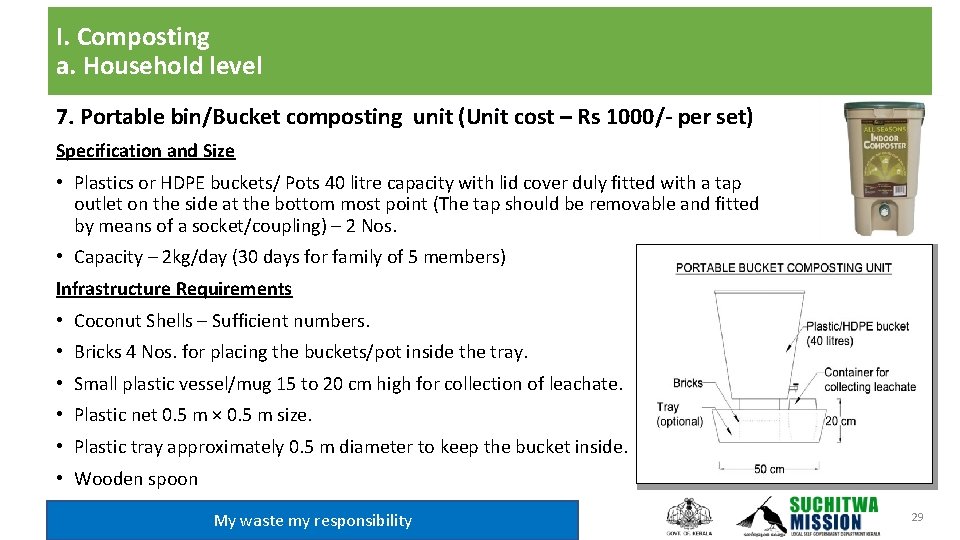 I. Composting a. Household level 7. Portable bin/Bucket composting unit (Unit cost – Rs