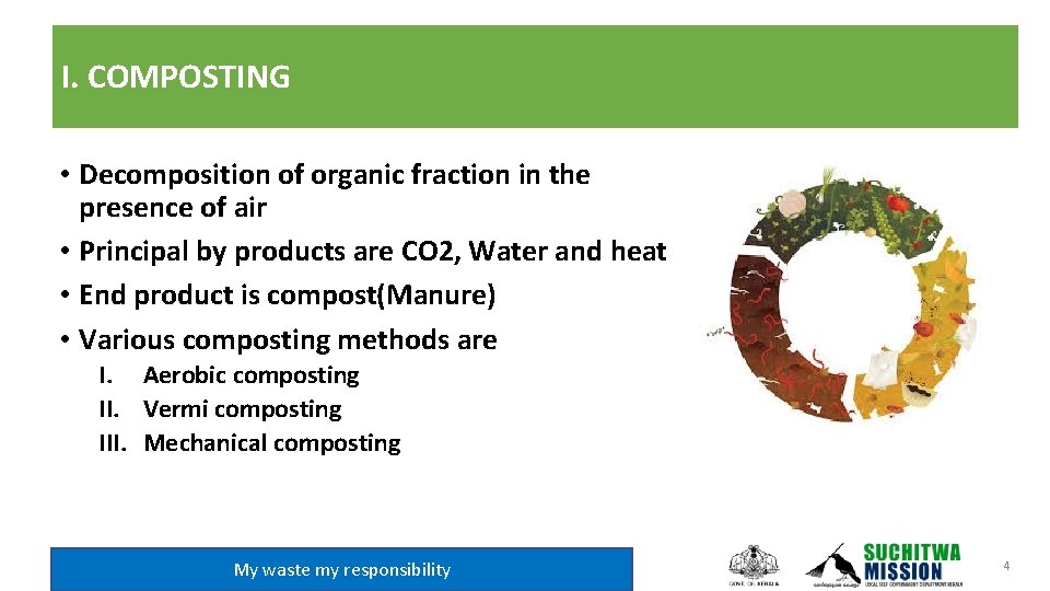 I. COMPOSTING • Decomposition of organic fraction in the presence of air • Principal