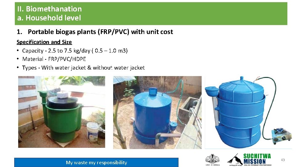 II. Biomethanation a. Household level 1. Portable biogas plants (FRP/PVC) with unit cost Specification